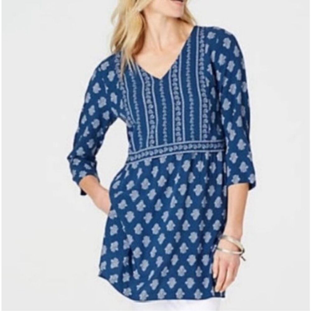J. Jill Seaside Woodblock Print Tunic‎ Size Medium Coastal Boho